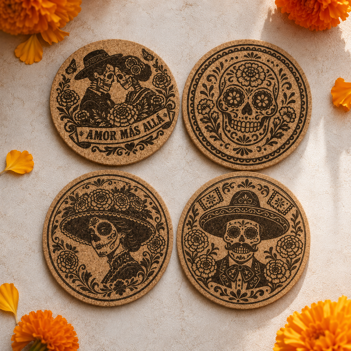 Day of the Dead Cork Coasters — Set of 4