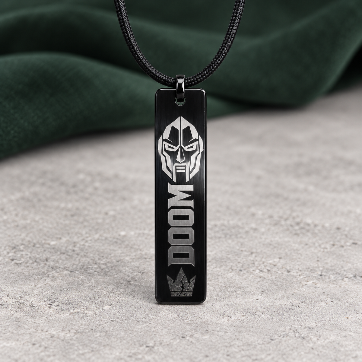 DOOM Engraved Bar Necklace, Dark Armored Mask Pendant, Black Nylon Cord, Comic Villain Gift